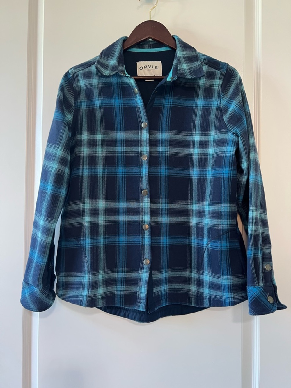 Women’s Orvis Fleece-Lined Flannel Shacket Blue Plaid Snap-Front Shirt Jacket M